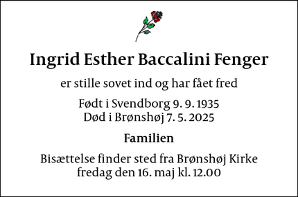 Dødsannoncen for Ingrid Esther Baccalini Fenger - Brønshøj