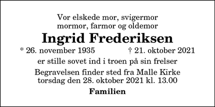 Dødsannoncen for Ingrid Frederiksen - Sæby
