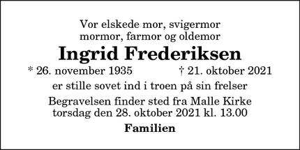Dødsannoncen for Ingrid Frederiksen - Sæby