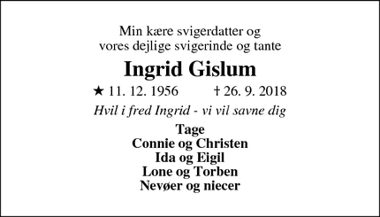 Dødsannoncen for Ingrid Gislum - Møldrup