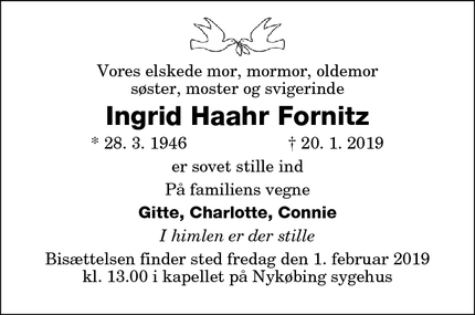Dødsannoncen for Ingrid Haahr Fornitz - Rødby