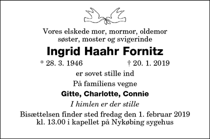 Dødsannoncen for Ingrid Haahr Fornitz - Rødby