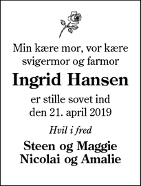 Dødsannoncen for Ingrid Hansen - Skærbæk