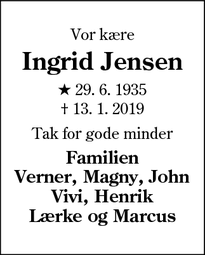 Dødsannoncen for Ingrid Jensen - Kolding