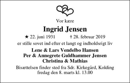 Dødsannoncen for Ingrid Jensen - Kolding