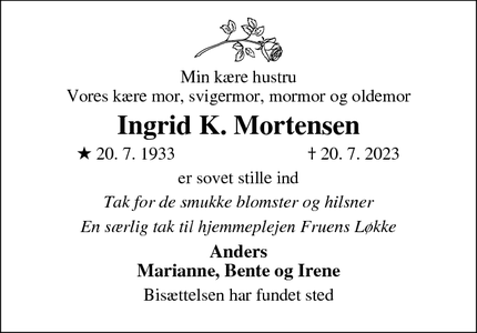 Dødsannoncen for Ingrid K. Mortensen - Faaborg