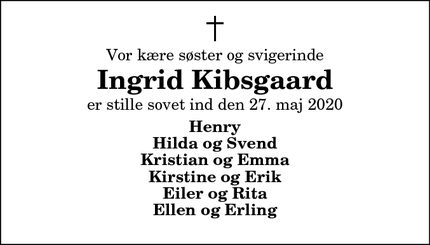 Dødsannoncen for Ingrid Kibsgaard - Nykøbing Mors
