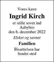 Dødsannoncen for Ingrid Kirch - Aabybro