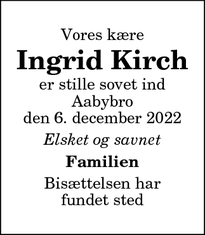 Dødsannoncen for Ingrid Kirch - Aabybro