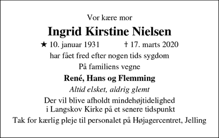 Dødsannoncen for Ingrid Kirstine Nielsen - Ølholm