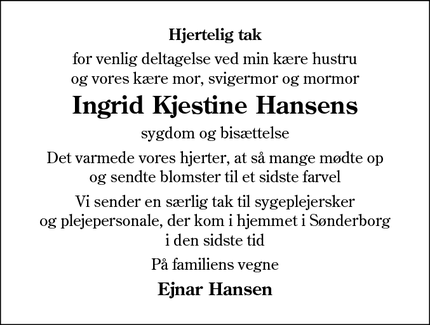 Taksigelsen for Ingrid Kjestine Hansens - Sønderborg