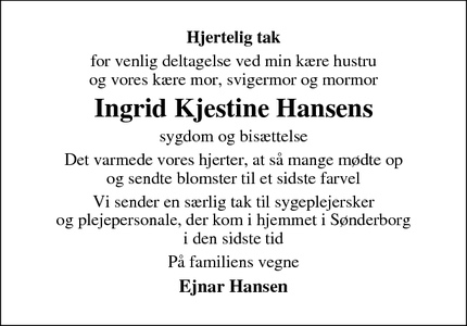 Taksigelsen for Ingrid Kjestine Hansens - Sønderborg