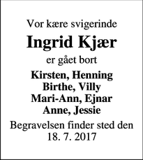 Dødsannoncen for Ingrid Kjær - Bonnet