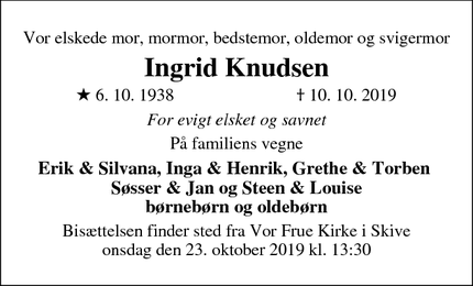 Dødsannoncen for Ingrid Knudsen - Skødstrup