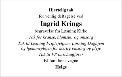 Taksigelsen for Ingrid Kring - Løsning