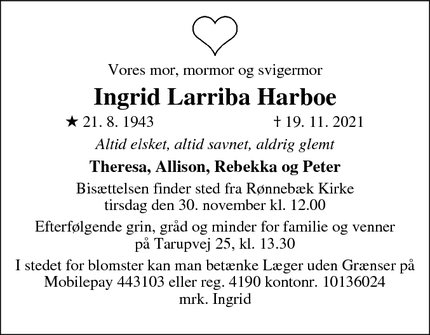 Dødsannoncen for Ingrid Larriba Harboe - Copenhagen