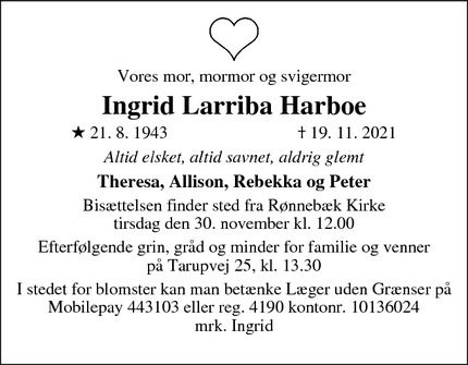 Dødsannoncen for Ingrid Larriba Harboe - Copenhagen