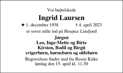 Dødsannoncen for Ingrid Laursen - Skive