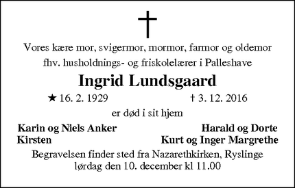 Dødsannoncen for Ingrid Lundsgaard - Ryslinge
