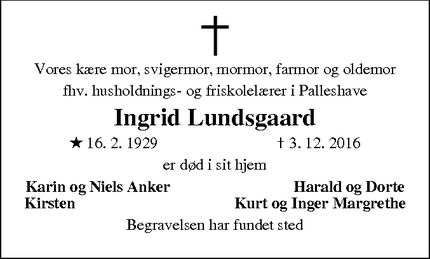 Dødsannoncen for Ingrid Lundsgaard - Ryslinge