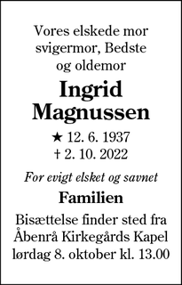 Dødsannoncen for Ingrid Magnussen - Odense SV