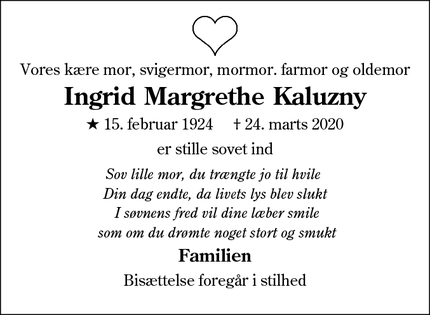 Dødsannoncen for Ingrid Margrethe Kaluzny - Aabenraa