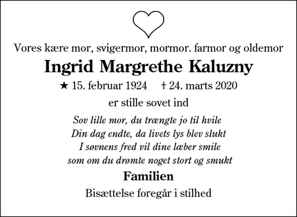 Dødsannoncen for Ingrid Margrethe Kaluzny - Aabenraa