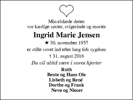 Dødsannoncen for Ingrid Marie Jensen - Aars