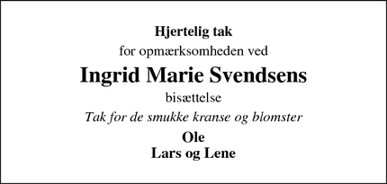 Dødsannoncen for Ingrid Marie Svendsens - Viborg