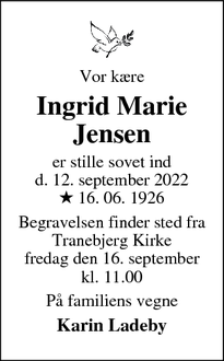 Dødsannoncen for Ingrid Marie
Jensen - Ballen, Samsø