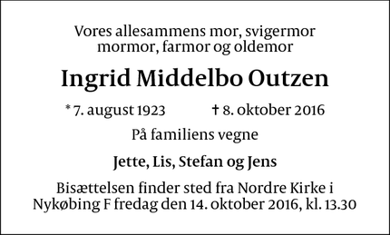 Dødsannoncen for Ingrid Middelbo Outzen - Nykøbing Falster, Danmark