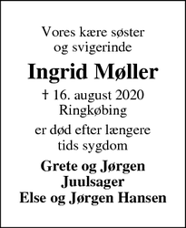 Dødsannoncen for Ingrid Møller - Ringkøbing