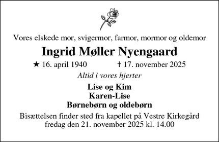 Dødsannoncen for Ingrid Møller Nyengaard - silkeborg