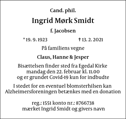 Dødsannoncen for Ingrid Mørk Smidt - Kokkedal