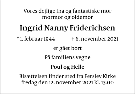 Dødsannoncen for Ingrid Nanny Friderichsen - gilleleje