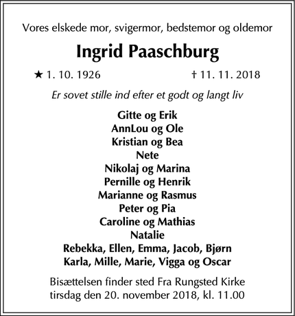 Dødsannoncen for Ingrid Paaschburg - Nivå