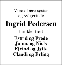 Dødsannoncen for Ingrid Pedersen - Hemmet
