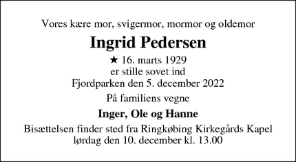 Dødsannoncen for Ingrid Pedersen - Ringkøbing