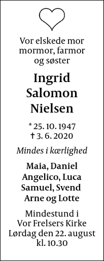 Dødsannoncen for Ingrid Salomon Nielsen - København
