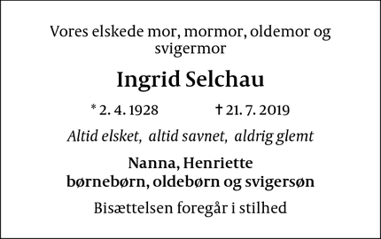 Dødsannoncen for Ingrid Selchau - København N