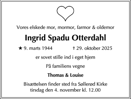 Dødsannoncen for Ingrid Spadu Otterdahl - Skodsborg