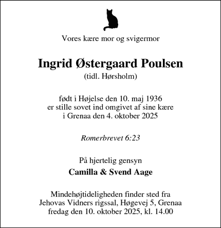Dødsannoncen for Ingrid Østergaard Poulsen - Hørsholm