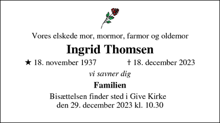 Dødsannoncen for Ingrid Thomsen  - Give