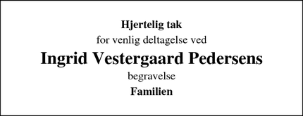 Taksigelsen for Ingrid Vestergaard Pedersens  - Branderup