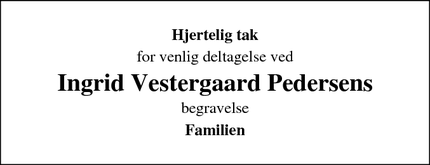 Taksigelsen for Ingrid Vestergaard Pedersens  - Branderup