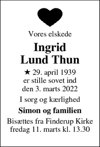 Dødsannoncen for Ingrid
Lund Thun - Høng