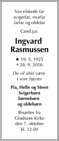 Dødsannoncen for Ingvard 
Rasmussen - Gladsaxe