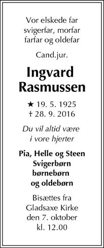 Dødsannoncen for Ingvard
Rasmussen - Gladsaxe