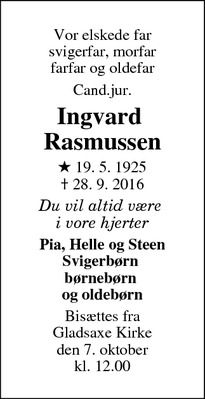 Dødsannoncen for Ingvard 
Rasmussen - Gladsaxe