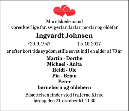 Dødsannoncen for Ingvardt Johnsen - Sædding